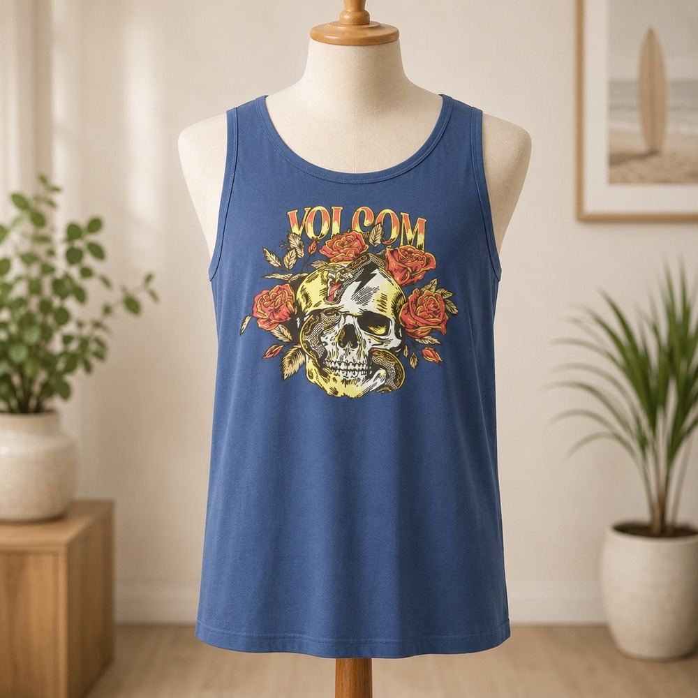 Volcom Tank Top Mens XL Blue Skull Snake Roses Graphic Sleeveless Cotton Shirt